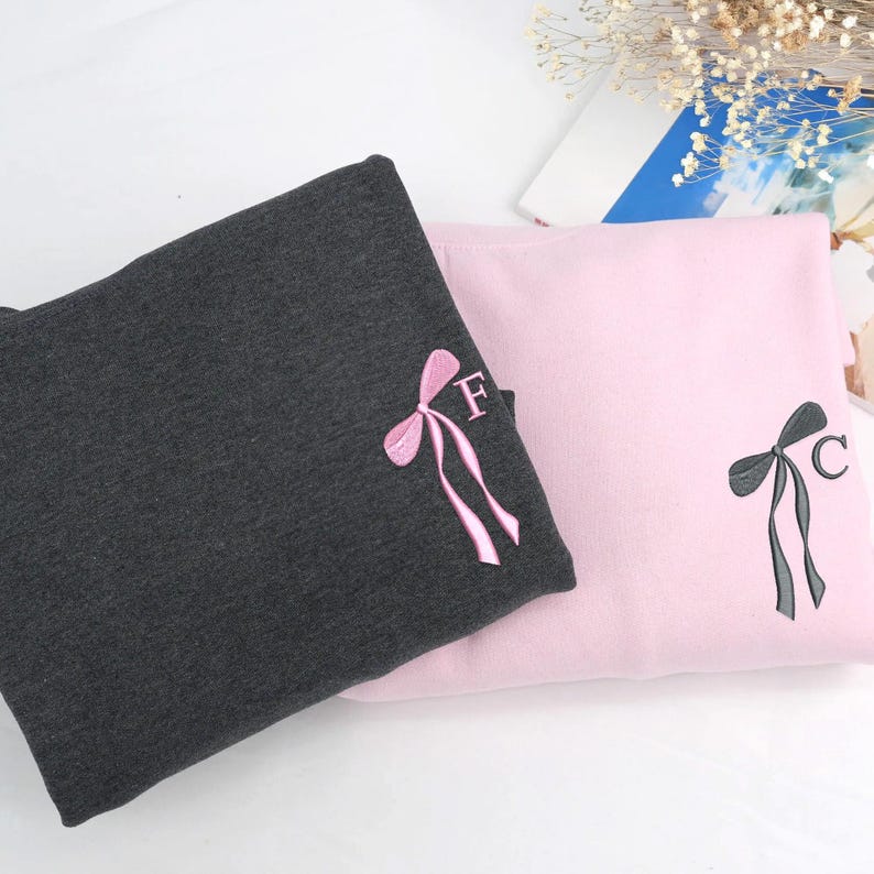 Custom Initial Bow Ribbon Embroidered Sweatshirt - Bridal Party Hoodie - Personalized Bridesmaid Proposal - Bachelorette Gifts for Bride