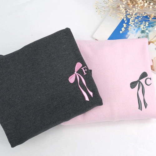 Custom Initial Bow Ribbon Embroidered Sweatshirt - Bridal Party Hoodie - Personalized Bridesmaid Proposal - Bachelorette Gifts for Bride