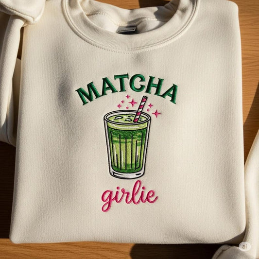 Matcha Girlie Embroidered Crewneck, Coquette Matcha Aesthetic Tee Cute Green Tea Shirt Soft Y2K Style Pullover Retro Matcha Lover Gift Top