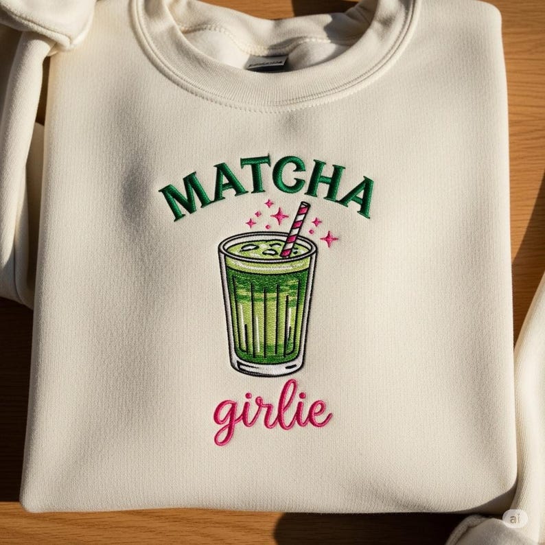 Matcha Girlie Embroidered Crewneck, Coquette Matcha Aesthetic Tee Cute Green Tea Shirt Soft Y2K Style Pullover Retro Matcha Lover Gift Top