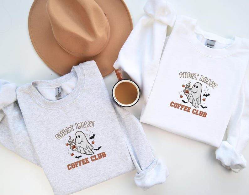 Ghost Roast Coffee Club Embroidered Halloween Sweatshirt Spooky Fall Crewneck Ghost With Coffee Shirt Autumn Cozy Embroidered Pullover