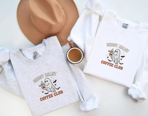 Ghost Roast Coffee Club Embroidered Halloween Sweatshirt Spooky Fall Crewneck Ghost With Coffee Shirt Autumn Cozy Embroidered Pullover