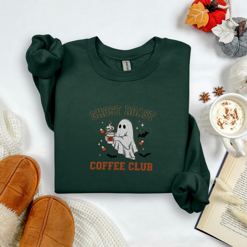 Ghost Roast Coffee Club Embroidered Halloween Sweatshirt Spooky Fall Crewneck Ghost With Coffee Shirt Autumn Cozy Embroidered Pullover