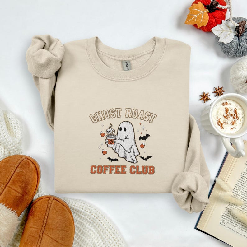 Ghost Roast Coffee Club Embroidered Halloween Sweatshirt Spooky Fall Crewneck Ghost With Coffee Shirt Autumn Cozy Embroidered Pullover