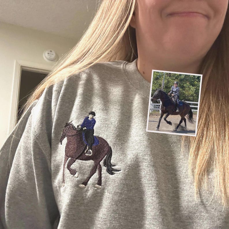 Custom Embroidered Portrait Sweatshirt From Photo - Personalized Horse Portrait Hoodie - Horse Riding Sweatshirt - Gift for Horse Lover