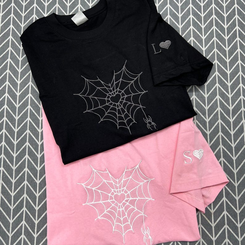 Spider Web Couples Matching Valentine's Embroidered Hoodie, Custom Initial Heart Crewneck, Anniversary Gift, Personalized Heart Name Sleeve