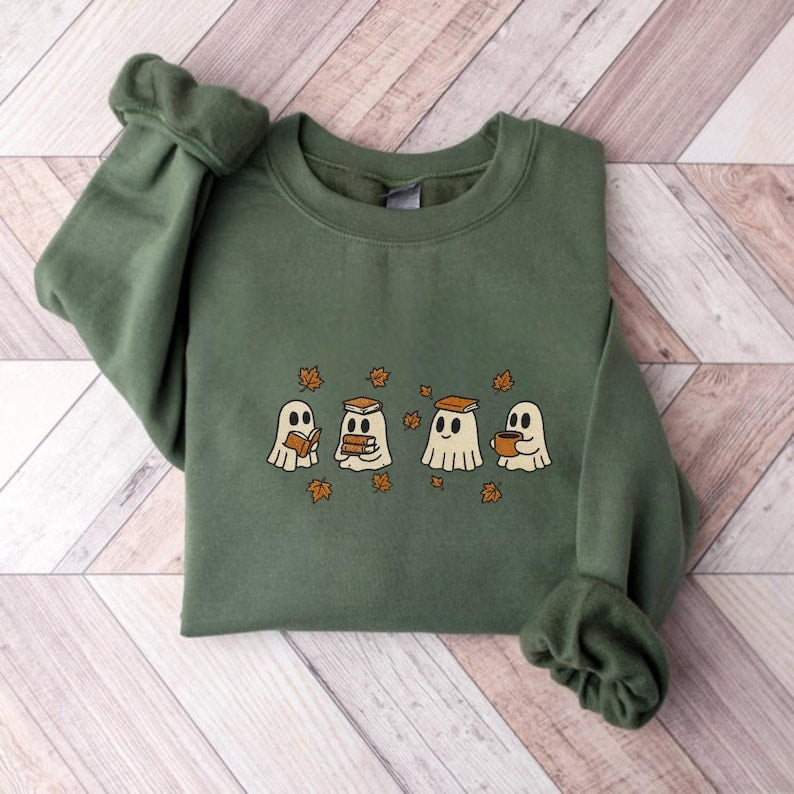 Embroidered Reading Ghost Sweatshirt, Cute Ghosts Reading Books Autumn Embroidered Shirt, Autumn Sweater, Halloween Gift For Bookish