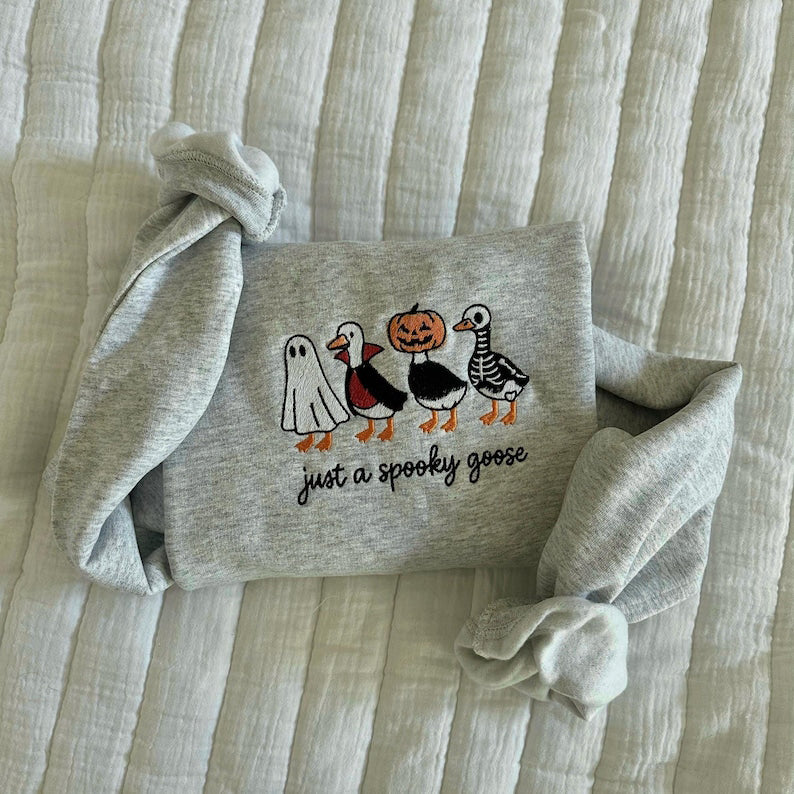 Spooky Goose Embroidered Sweatshirt Halloween Spooky Season Embroidery Geese Fall Autumn