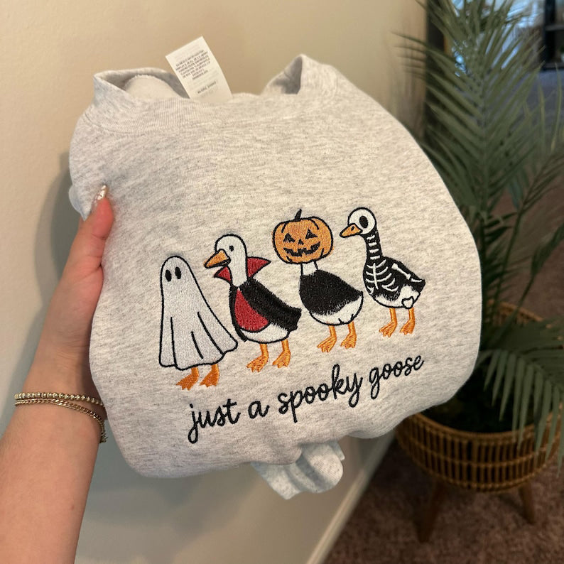 Spooky Goose Embroidered Sweatshirt Halloween Spooky Season Embroidery Geese Fall Autumn