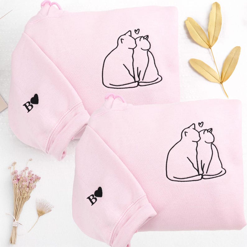 Custom Valentines Hoodie with Cat Love Embroidered - Matching Hoodies for Couples - Personalized Anniversary Sweatshirt - Engagement Gifts