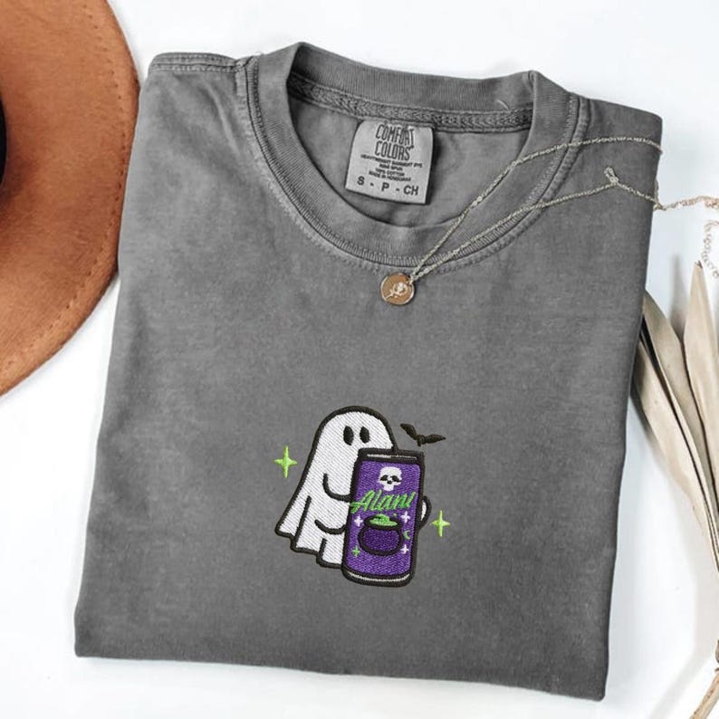 Embroidered Spooky Ghost Halloween Comfort Colors Shirt, Ghost With Energy Drink Fall Tee, Spooky Season Sweatshirt