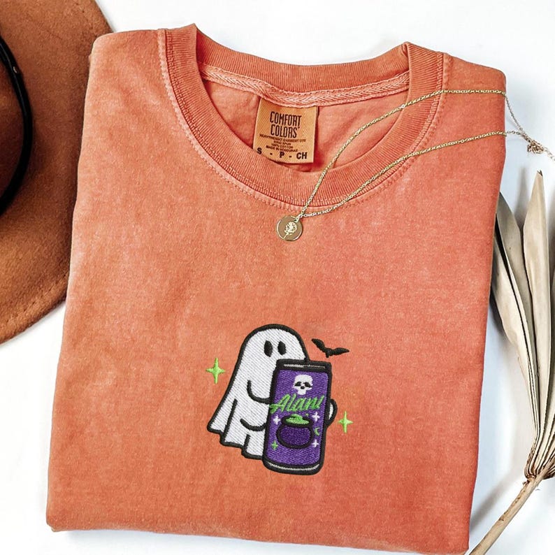 Embroidered Spooky Ghost Halloween Comfort Colors Shirt, Ghost With Energy Drink Fall Tee, Spooky Season Sweatshirt