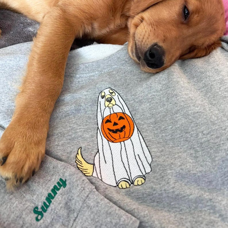 Custom Dog Embroidered Sweatshirt Halloween Ghost Dog Hoodie Halloween Embroidered Sweatshirt Dogs Embroidered Hoodie Pet Ghost Hoodie
