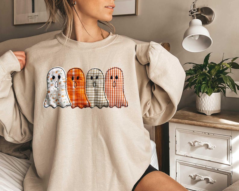 Faux Embroidery Ghost Sweatshirt, Patchwork Ghost Halloween Shirt, Fall Ghost Quilt Tee,Spooky Season Shirt, Cute Halloween TShirt Cozy Tee