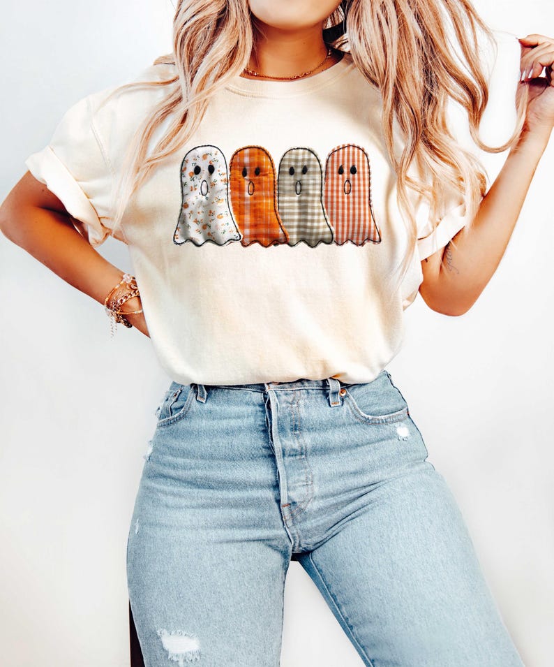 Faux Embroidery Ghost Sweatshirt, Patchwork Ghost Halloween Shirt, Fall Ghost Quilt Tee,Spooky Season Shirt, Cute Halloween TShirt Cozy Tee