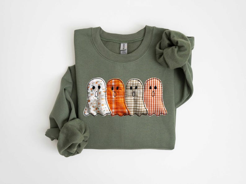 Faux Embroidery Ghost Sweatshirt, Patchwork Ghost Halloween Shirt, Fall Ghost Quilt Tee,Spooky Season Shirt, Cute Halloween TShirt Cozy Tee
