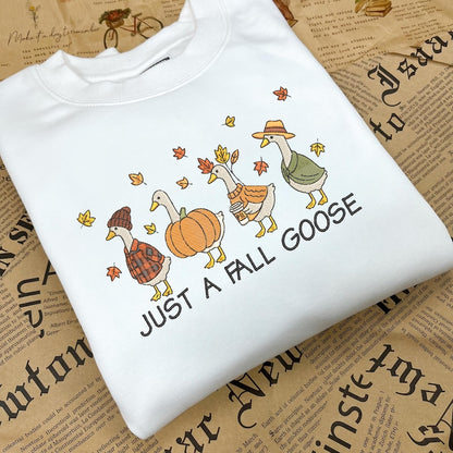 Just A Fall Gooses Embroidered Sweatshirt, Cute Fall Pumpkin Goose Crewneck Sweater, Autumn Animal Embroidered Shirt, Cozy Autumn Sweater