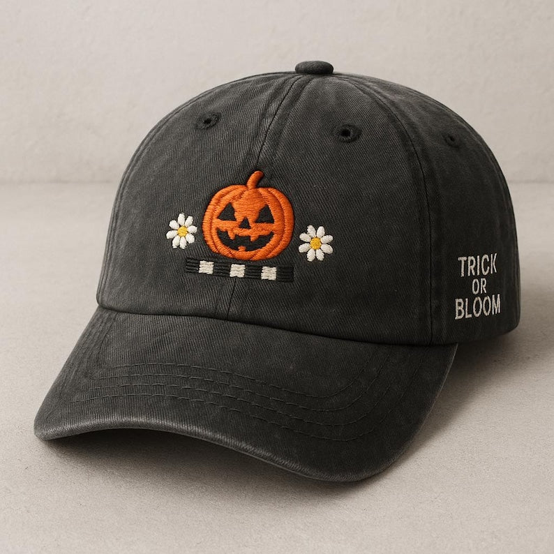 Halloween Pumpkin Baseball Cap with Trick or Bloom Embroidery Vintage Dad Hat with Cute Jack-O -Lantern and Daisy Flowers, Fall Aesthetic Hat