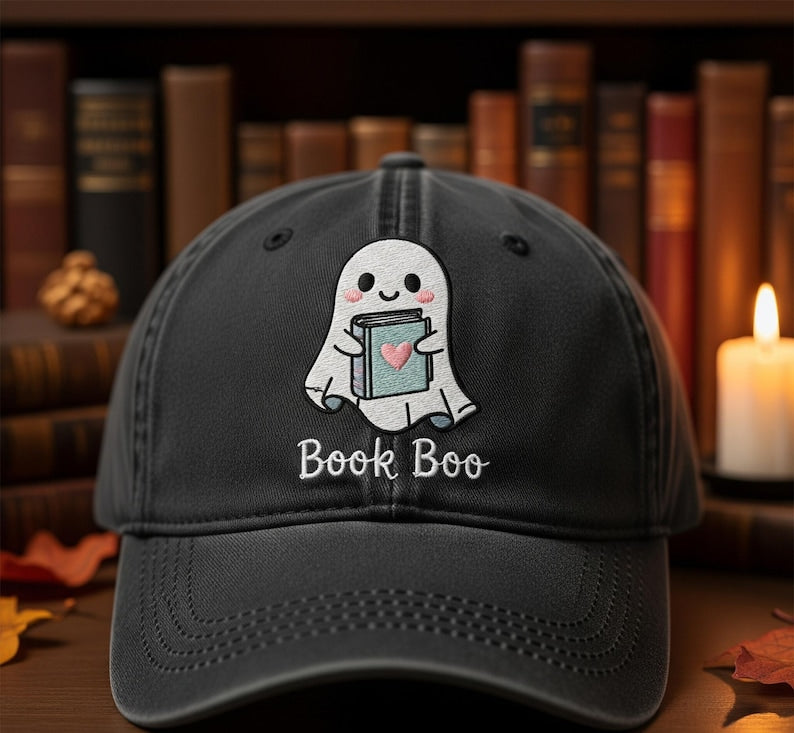 Book Boo Ghost Hat Cute Embroidered Ghost Baseball Cap for Book Lovers, Halloween Spooky Reading Adjustable Dad Hat, Fun Gift for Readers & Students