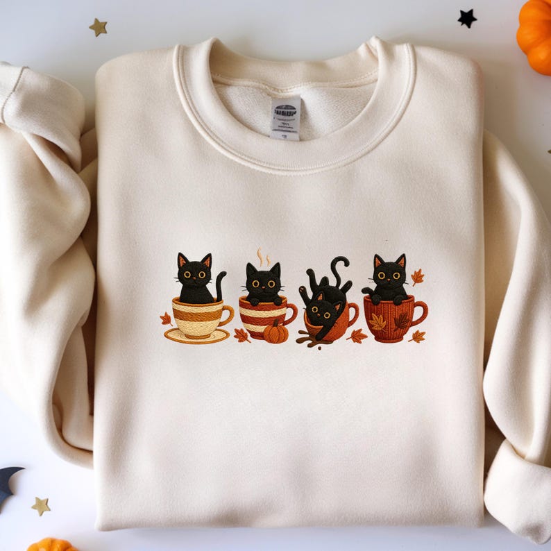 Embroidered Halloween Black Cat Sweatshirt, Pumpkin Fall Sweater, Halloween Shirt, Cute Autumn Spooky Season, Cat Lover Gift, Coffee Lovers