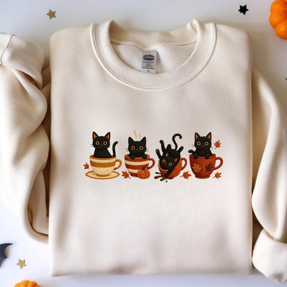 Embroidered Halloween Black Cat Sweatshirt, Pumpkin Fall Sweater, Halloween Shirt, Cute Autumn Spooky Season, Cat Lover Gift, Coffee Lovers