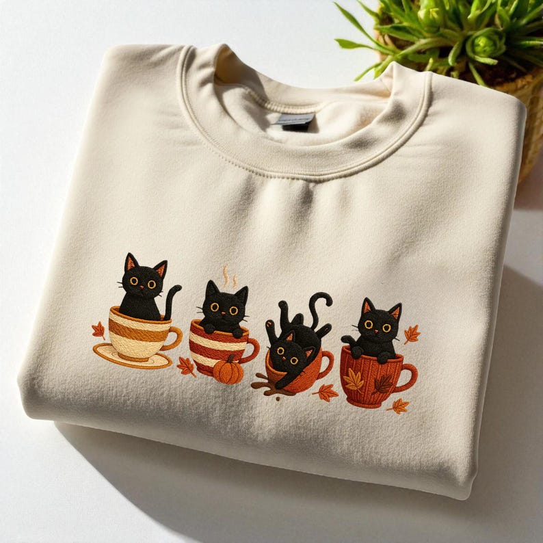 Embroidered Halloween Black Cat Sweatshirt, Pumpkin Fall Sweater, Halloween Shirt, Cute Autumn Spooky Season, Cat Lover Gift, Coffee Lovers