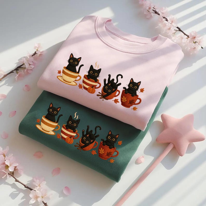 Embroidered Halloween Black Cat Sweatshirt, Pumpkin Fall Sweater, Halloween Shirt, Cute Autumn Spooky Season, Cat Lover Gift, Coffee Lovers