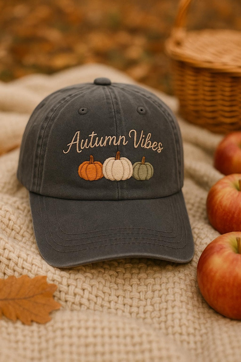 Autumn Vibes Embroidered Hat, Pumpkin Baseball Cap, Fall Harvest Adjustable Dad Cap, Cozy Autumn Gift