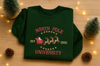 North Pole University Sweatshirt, Embroidered Christmas Hoodie, Christmas Reindeer Crewneck Sweater, Winter Sweatshirt, Christmas Gift