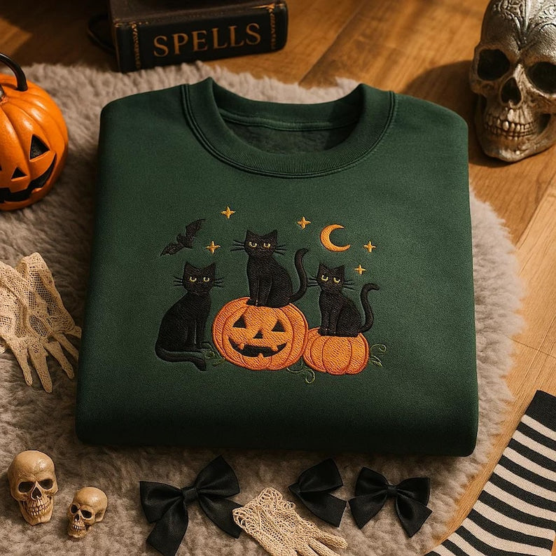 Embroidered Black Cat Pumpkin Sweatshirt, Cute Halloween Crewneck, Spooky Autumn Hoodie,Ghost Bat Cat Lover Gift,Fall Cozy Shirt,Cozy Season
