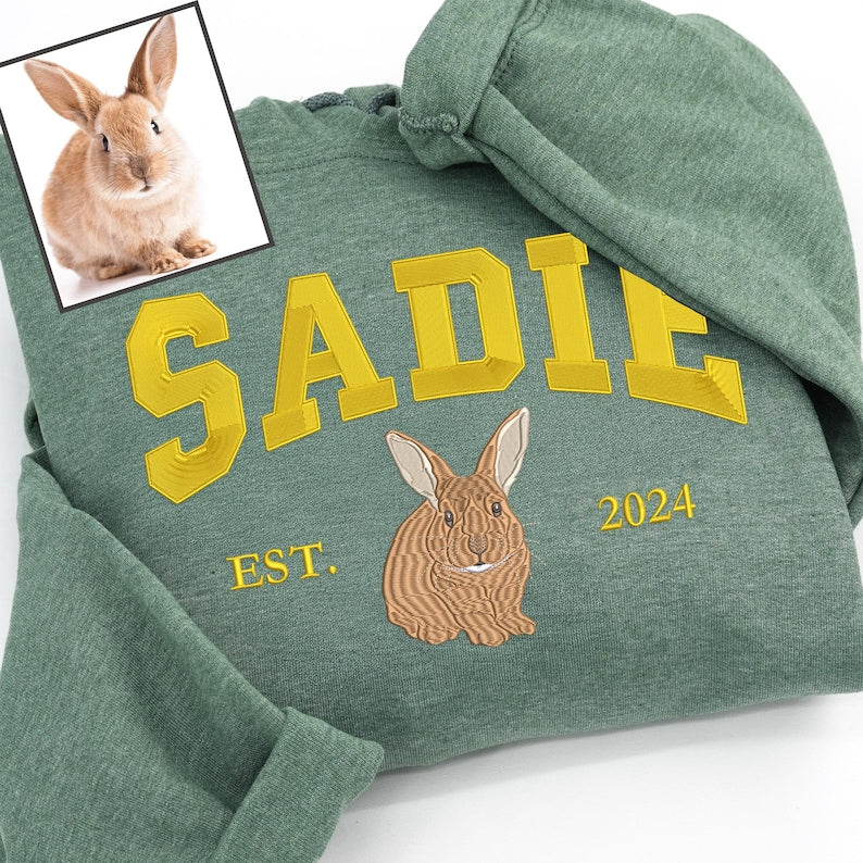 Custom Embroidered Bunny Sweatshirt - Personalized Rabbit Portrait Sweatshirt for Humans - Custom Pet Hoodie with Pet Name - Gift for Her