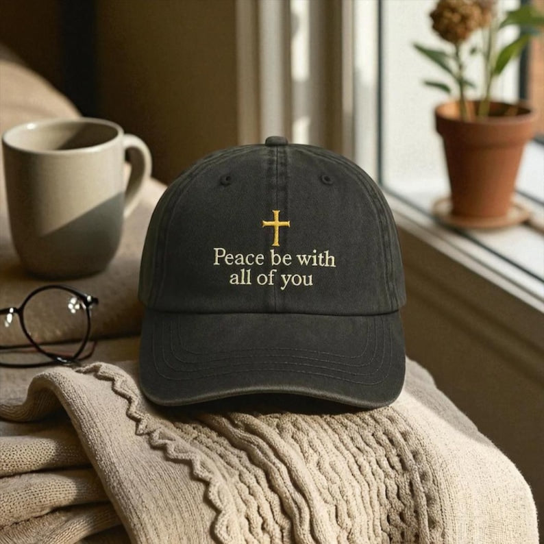 Peace Be With All of You Christian Cross Embroidered Hat Inspirational Faith-Based Adjustable Baseball Cap for Men and Women, Spiritual Gift Idea