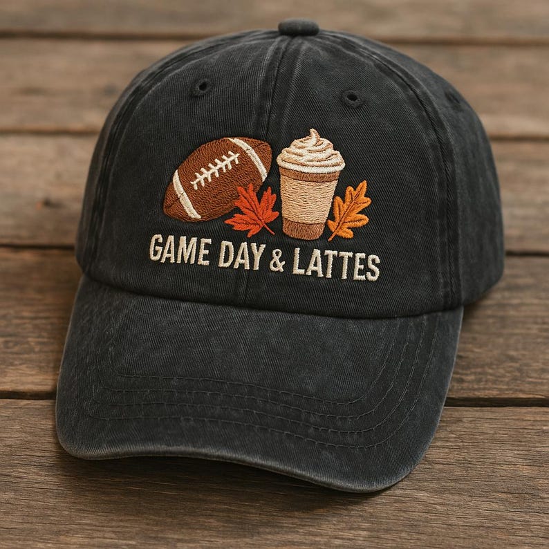 Game Day Lattes Embroidered Hat Football, Pumpkin Spice Latte & Fall Leaves Washed Black Cap