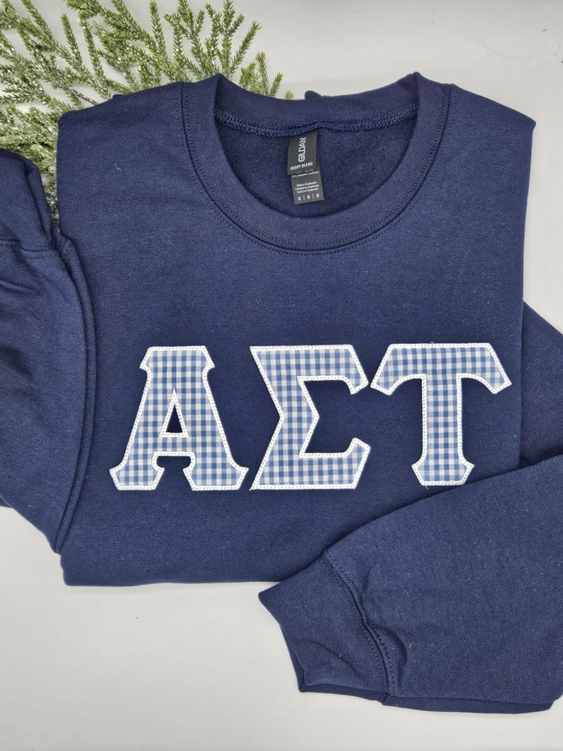 Gingham Sorority Letters Embroidered sweatshirt, hoodie. Delta Delta Delta, Chapter sweatshirt. Big Little shirts. Delta Gamma.