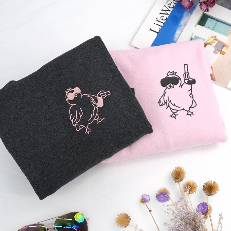 Chicken with Gun Embroidered Sweatshirt - Anniversary Gifts For Him Her - Matching His And Her Couple Sweater - Honeymoon Gifts For Couple