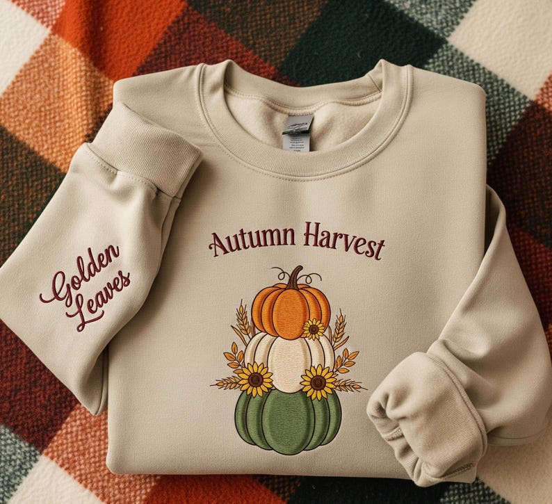 Autumn Harvest Golden Leaves Sweatshirt Cozy Beige Fall Crewneck with Pumpkin and Sunflower Embroidery, Thanksgiving Pullover, Seasonal Outfit, Autumn Aesthetic Sweater