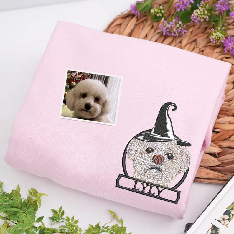 Custom Halloween Embroidered Dog From Your Photo Sweatshirt, Pet Portrait Hoodie with Halloween Hat, Spooky Season, Cozy Fall Sweatshirt