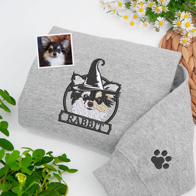 Custom Halloween Embroidered Dog From Your Photo Sweatshirt, Pet Portrait Hoodie with Halloween Hat, Spooky Season, Cozy Fall Sweatshirt
