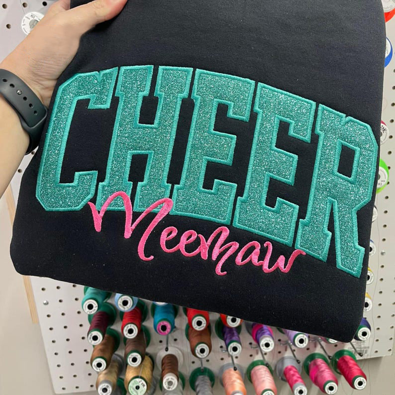 Cheer Mom Sweatshirt or Comfort Color Tee, Glitter Applique Embroidered with Name Personalized Cheer Shirt