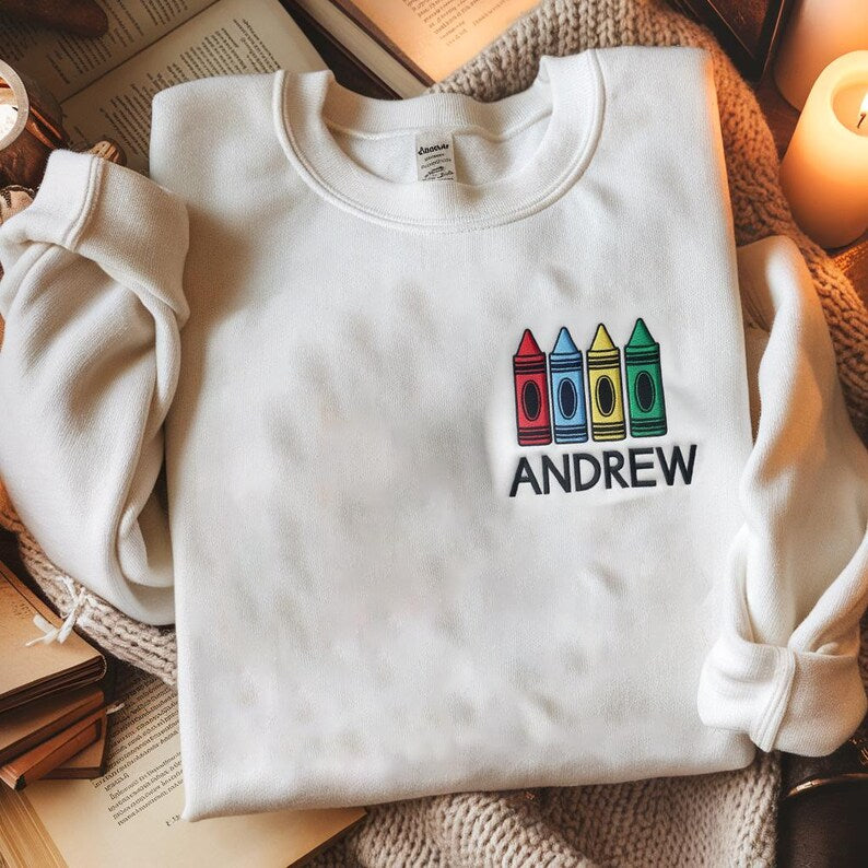 Personalized Name Crayon Lapel Back to School Embroidered Sweatshirt, Preschool First Day Hoodie, Back to School Outfit, Teacher Sweatshirt