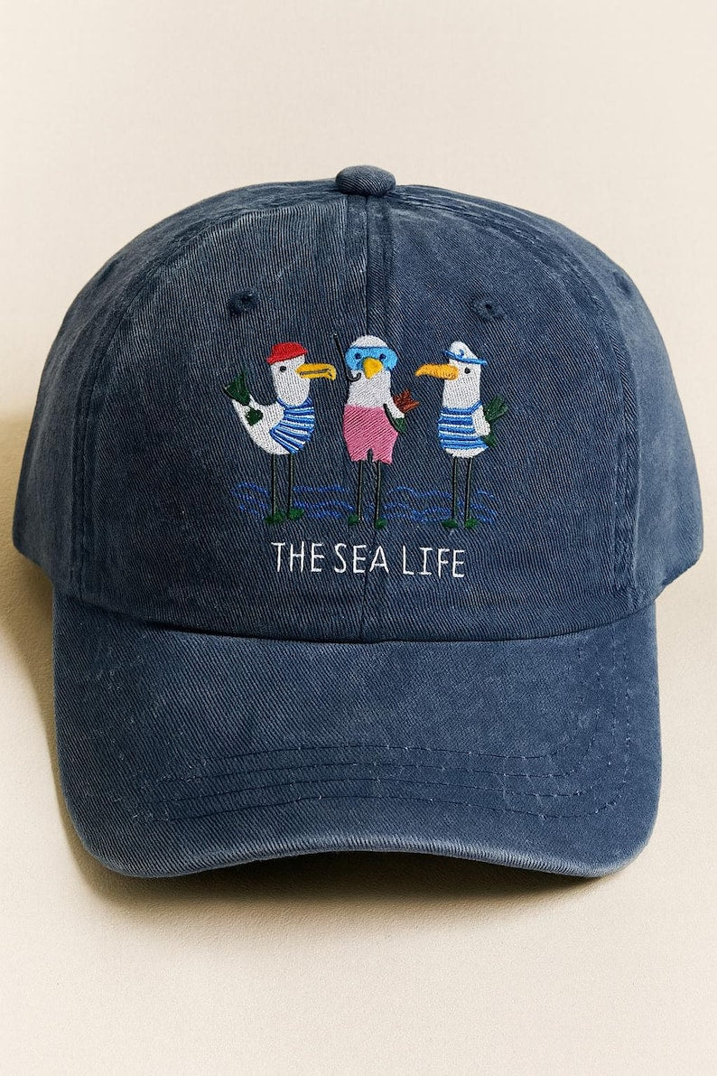 Seagull Embroidery Coastal Beach Theme Hat, Nautical Ocean Lover Gift Adjustable Cotton Dad Cap