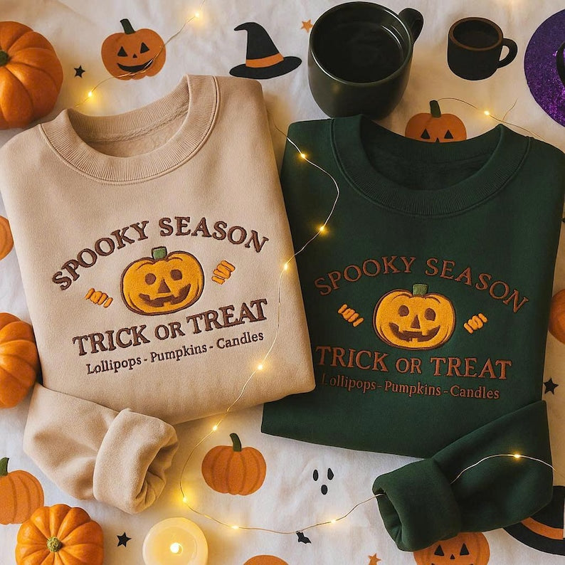 Spooky Season Embroidered Sweatshirt Halloween Pumpkin Trick or Treat Crewneck, Fall Autumn Embroidery Sweater, Ghost & Jack O Lantern