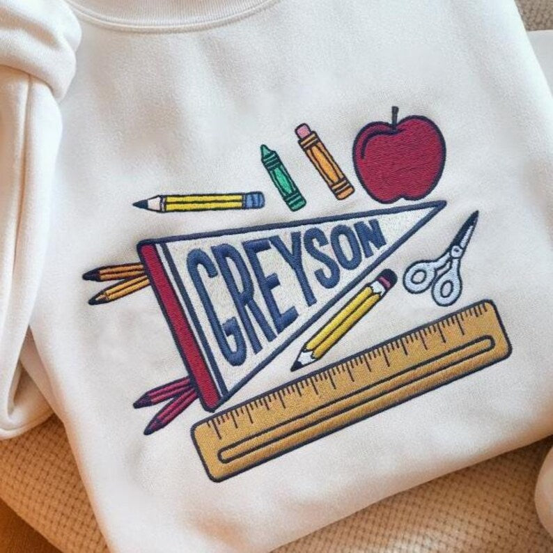 Personalized School Supplies Pennant Boy Name Embroidered Sweatshirt, Preschool First Day Hoodie, Back to School Outfit, Teacher Sweatshirt