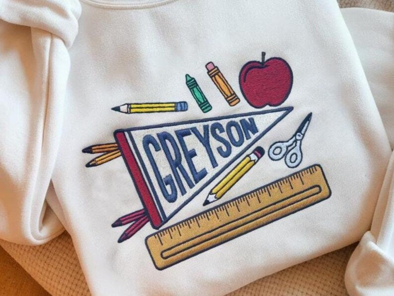 Personalized School Supplies Pennant Boy Name Embroidered Sweatshirt, Preschool First Day Hoodie, Back to School Outfit, Teacher Sweatshirt