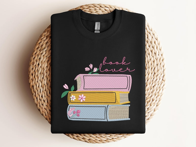 Embroidered Cozy Book Lover Sweatshirt, Embroidered Floral Book Stack Design, Dark Academia Gift for Readers & Introverts, Fall Shirt