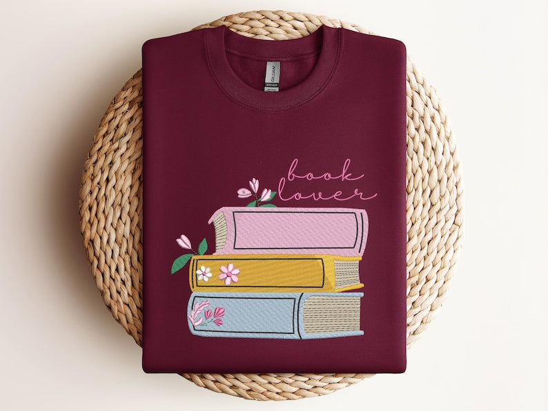 Embroidered Cozy Book Lover Sweatshirt, Embroidered Floral Book Stack Design, Dark Academia Gift for Readers & Introverts, Fall Shirt