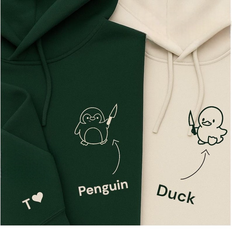 Couples Penguin and Duck Hoodies, embroidered Custom Initials on Sleeve Matching Halloween Embroidered Hoodies,Cute & Funny Couples Gift