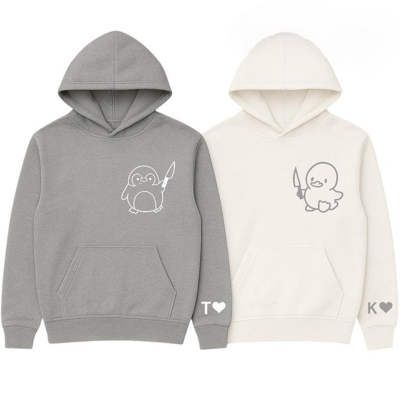 Couples Penguin and Duck Hoodies, embroidered Custom Initials on Sleeve Matching Halloween Embroidered Hoodies,Cute & Funny Couples Gift