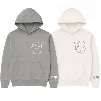 Couples Penguin and Duck Hoodies, embroidered Custom Initials on Sleeve Matching Halloween Embroidered Hoodies,Cute & Funny Couples Gift