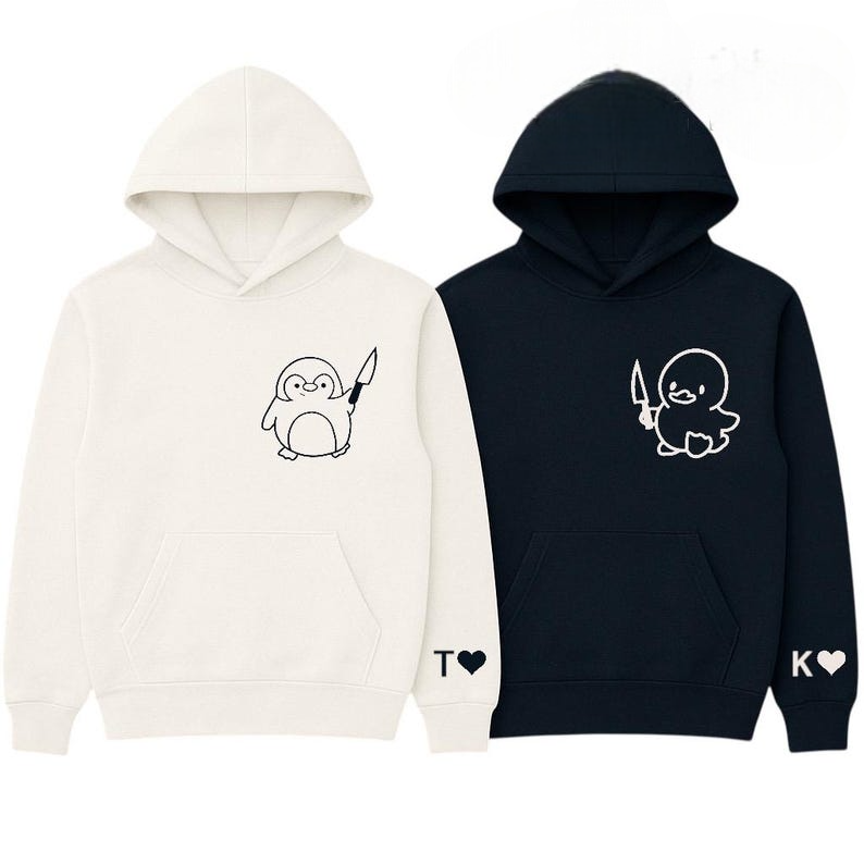 Couples Penguin and Duck Hoodies, embroidered Custom Initials on Sleeve Matching Halloween Embroidered Hoodies,Cute & Funny Couples Gift